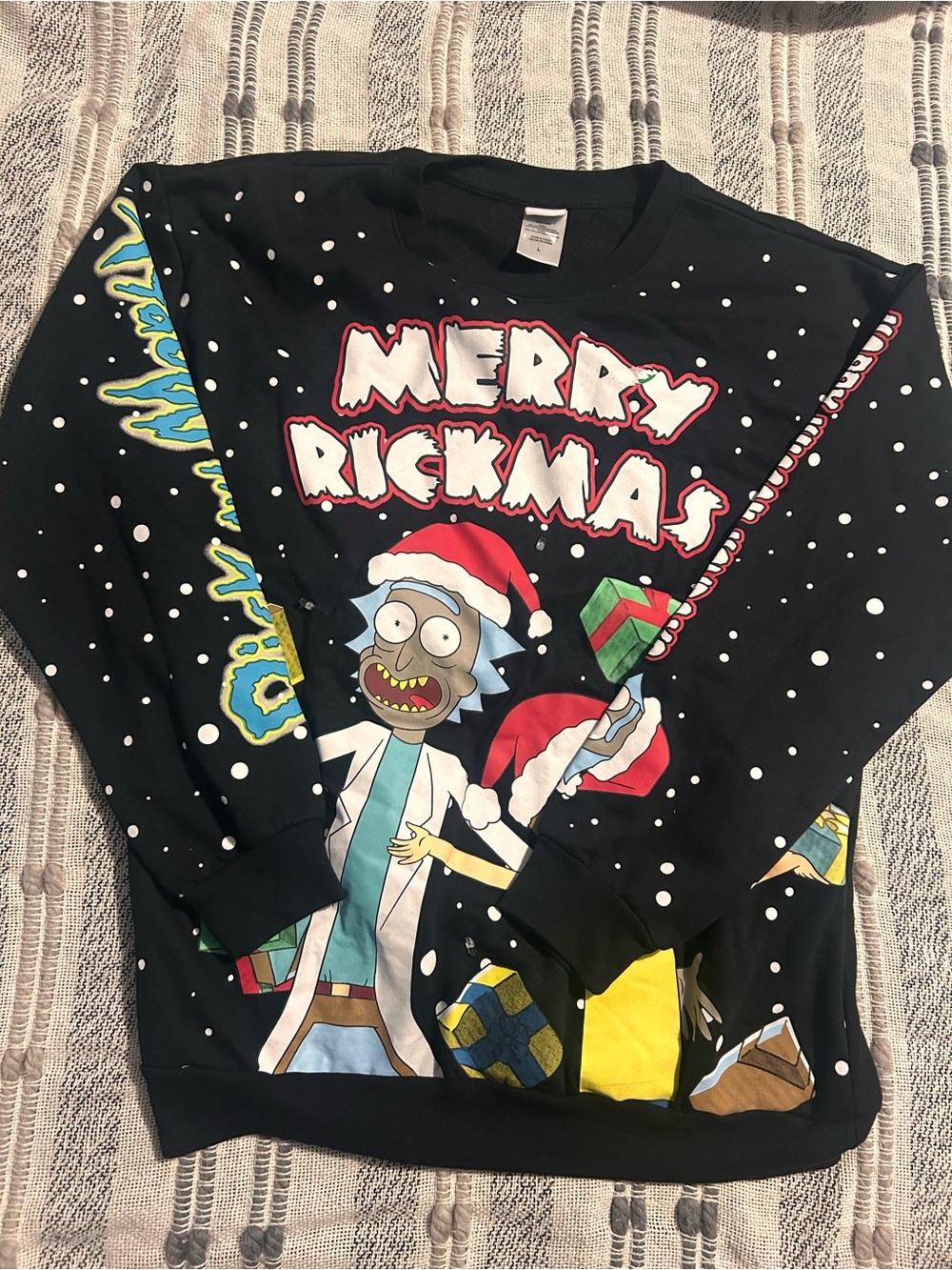 Rick and Morty 'Merry Rickmas' Black Holiday Sweater With Twinkling Lights Large